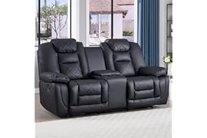 EBELLO Faux Leather Manual Loveseat Recliner Sofa, 2 Seat Reclining Couch Chair with Center Console, Hidden Storage and Cup Holders, Home Theater Seating for Living Room, Black (Loveseat)