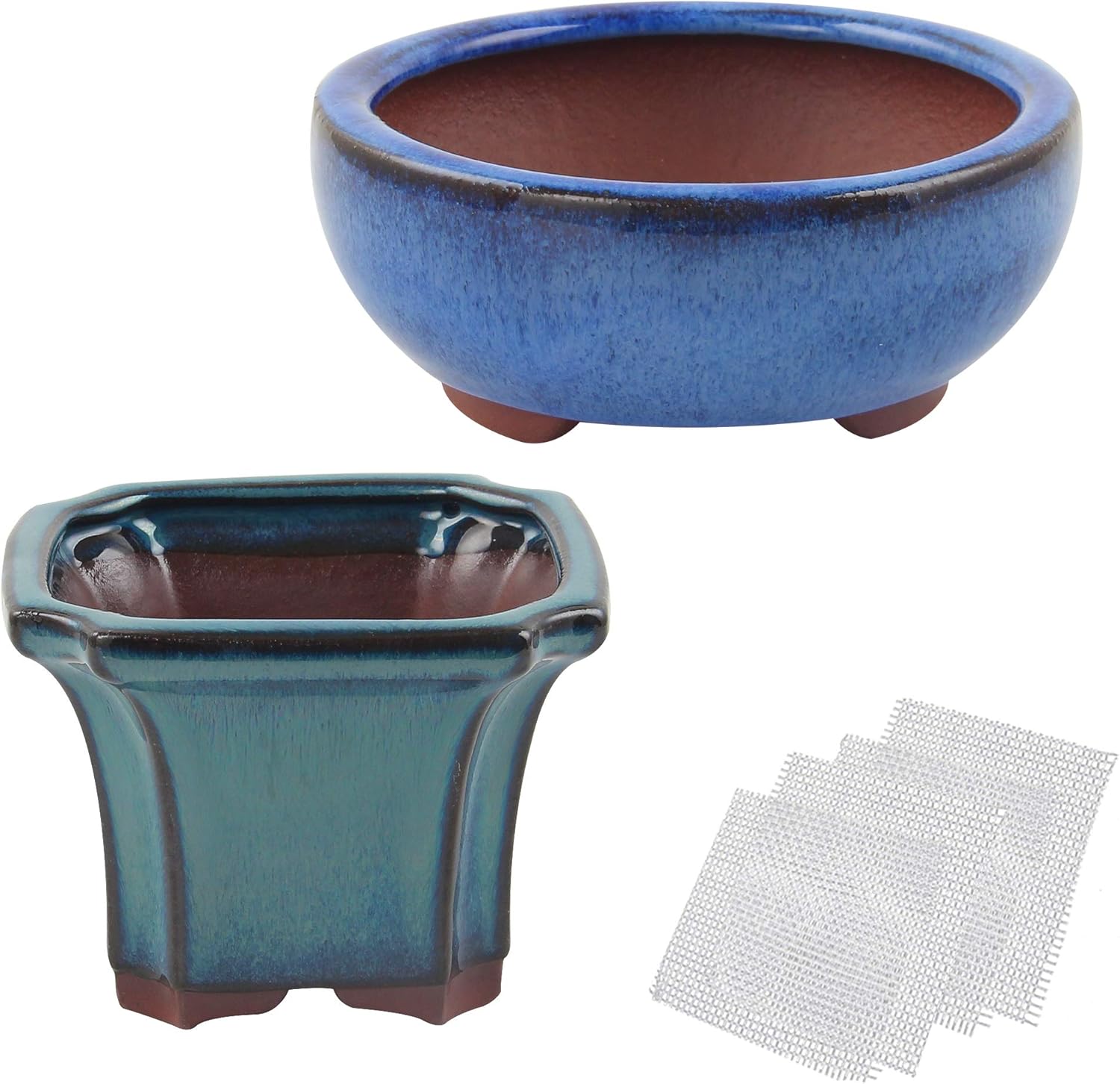 happy bonsai 4" Small Glazed Pots, Value Set of 2 + 4 Soft Mesh Drainage Screens, Blue