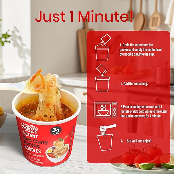 VOLO VERO KONJAC NOODLES INSTANT SOUP CUP SPICY RED CURRY, 6 PACKS, GLUTEN FREE, KETO, LOW CARB, LOW CALORIE, LOW SUGAR, LOW GI, SHIRATAKI NOODLE ANGEL HAIR PASTA, HEALTHY DIET FOOD HOLIDAY GIFTS