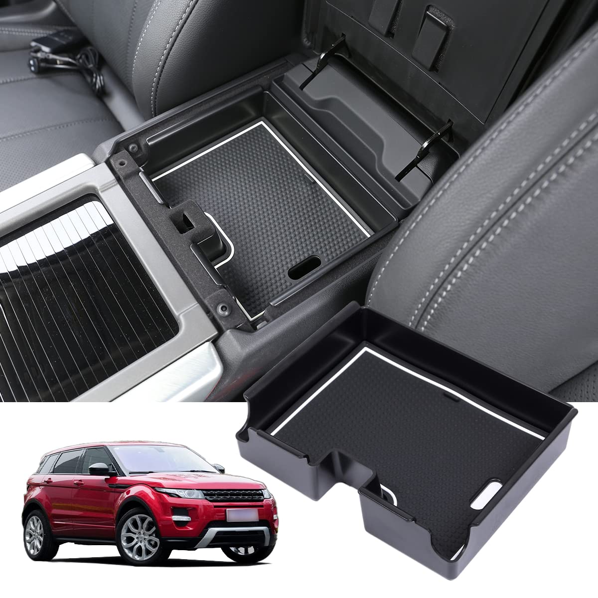 DIYUCAR Black Armrest Storage Box Plastic Car Phone Organizer Holder Tray With Non-Slip Mat Compatible With Range Rover Evoque 2012-2018 Car Accessory