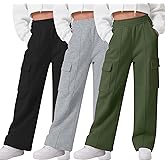 LessonZoo 3 Pack Girls Wide Leg Sweatpants Cargo Pants High Waisted Baggy Causal Loose Kids Elastic Waistband Pants Joggers