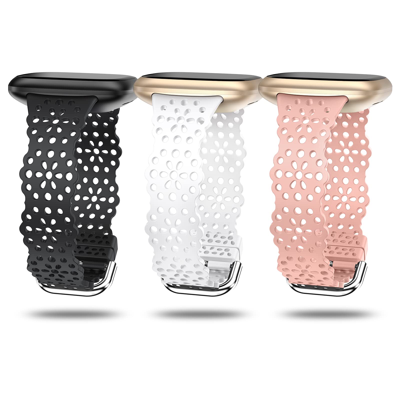 TOYOUTHS 3 Pack Lace Silicone Straps Compatible with Fitbit Versa 3/Sense/Versa 4/Sense 2, Women Slim Cute Hollow-Out Sport Replacement Strap, Breathable Waterproof Soft Straps, Black+White+Pink