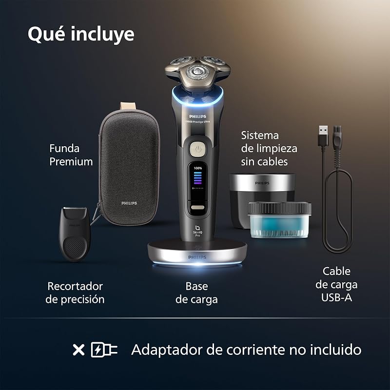 i9000 Prestige Ultra, Afeitadora Eléctrica Hombre, Máquina de Afeitar Barba en Seco y Mojado, Tecnología SkinIQ Pro, Base de Carga, Recargable, Estuche Premium, Centro de limpieza, XP9405/31