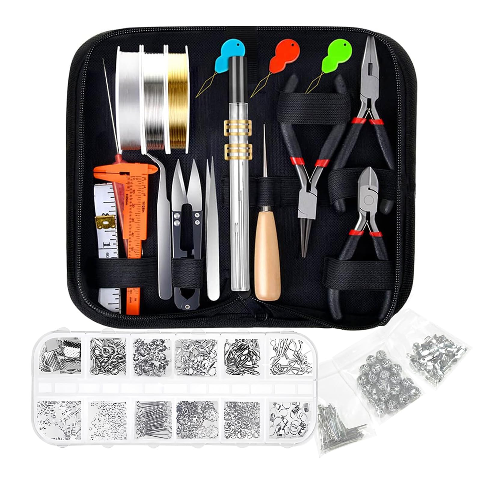 Jewellery Making Tool Kit for Adults, Repair Tools Supplies With Pliers, 15 Kinds Findings, Wires for Ring and Necklace Crafting DIY and Repair