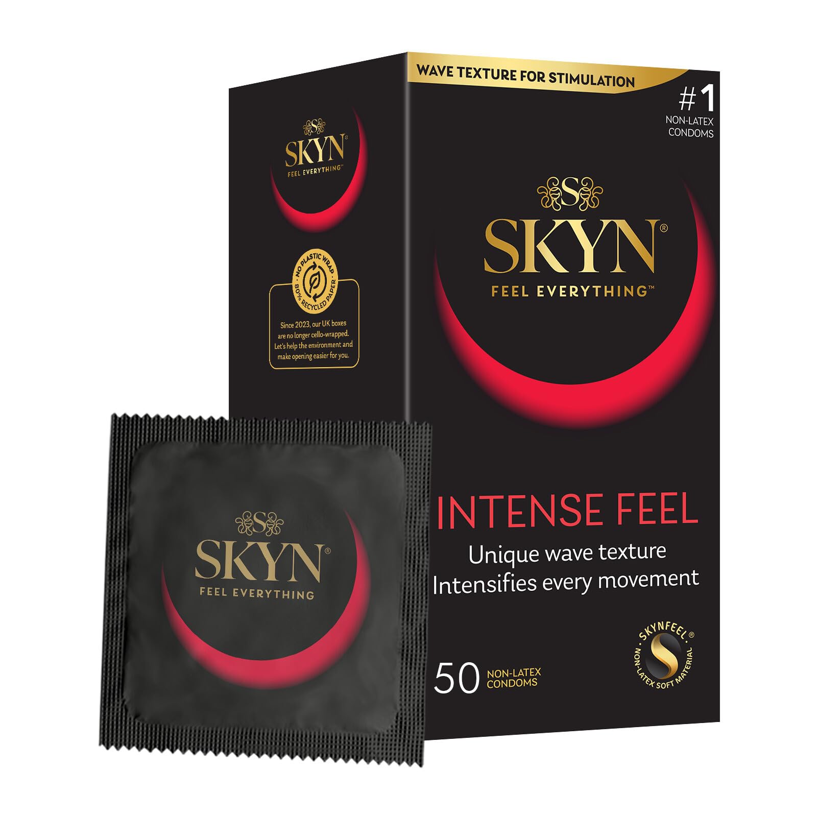 SKYN Intense Feel Condoms Pack of 50 / Skynfeel Latex Free Condoms for Men, Regular Size, Thin, Ribbed and Dotted Straight Shape, 53mm Wide