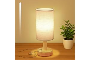 Rechargeable Cordless Touch Bedside Table Lamp with Stepless Dimming,Natural Wood Base&Linen Shade,Small Wireless Battery Amb