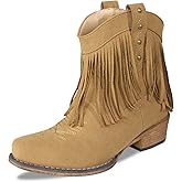 HPSOM Cowboy Boots for Women Boho Suede Ankle Western Cowgirl Boots Mid Calf Pointed Toe Short Chunky Classic Fringe Booties