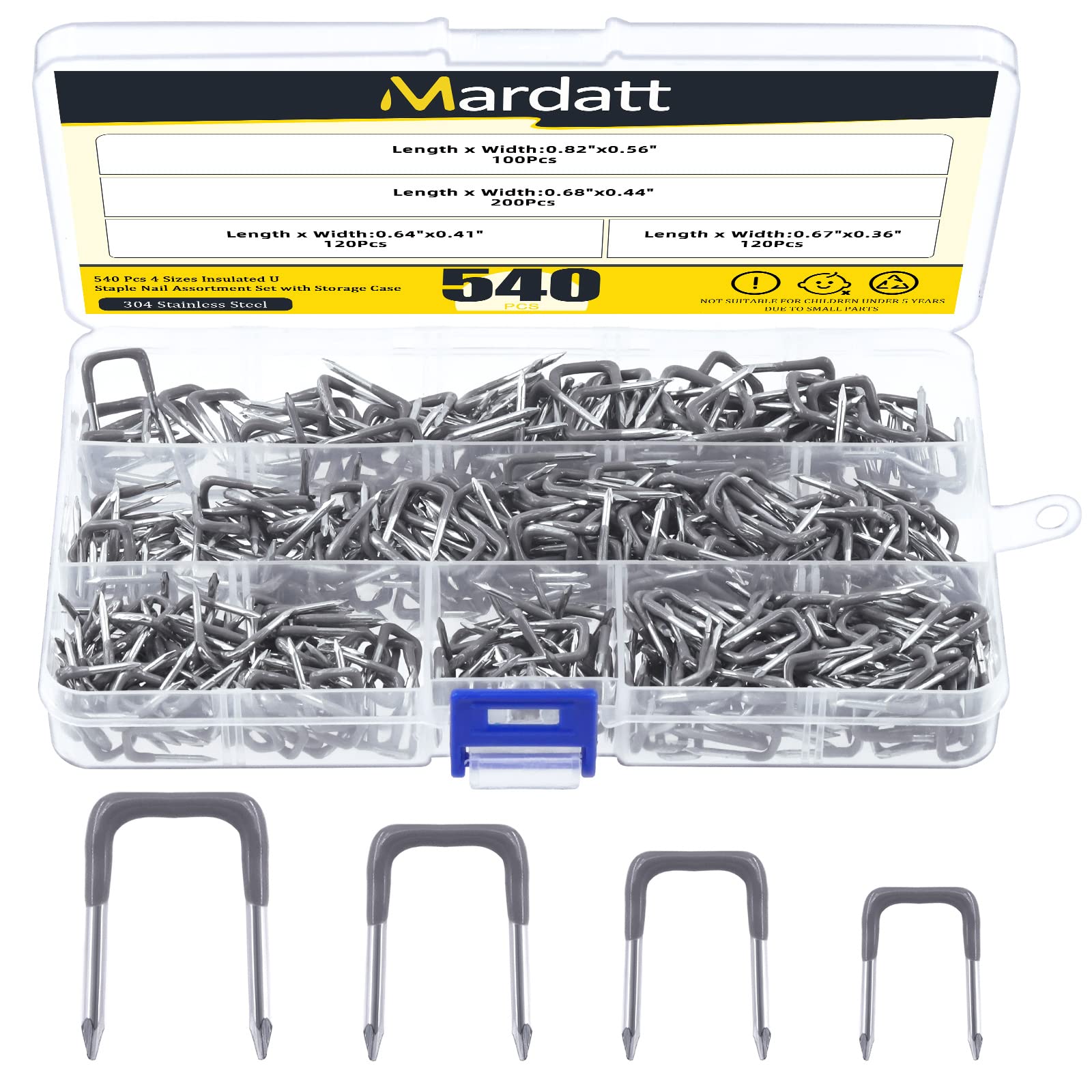 Mardatt 540 Pcs Insulated U Staple Nail Assortment Set with Storage Case, 0.56", 0.44“, 0.41", 0.36" Metal Cable Staple for Fixing Electrical Wire