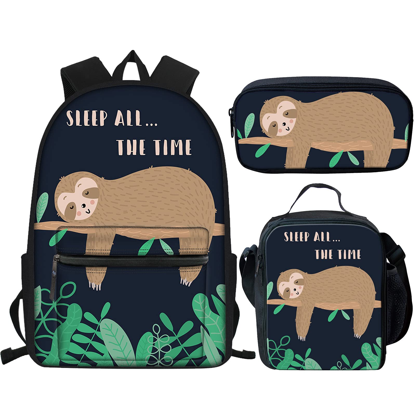Showudesigns Girls Backpack Set for Middle School Student Cute Sloth Print Kids School Bag Pack Bookbag and Lunch Box and Pencil Bag 3 Pieces