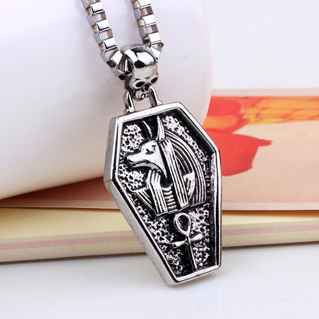 Fire Eyes-DIY Egypt Queen Jewelry Mystical Coffin Amulet Anubis Jackal Head Pendant Chain Necklace