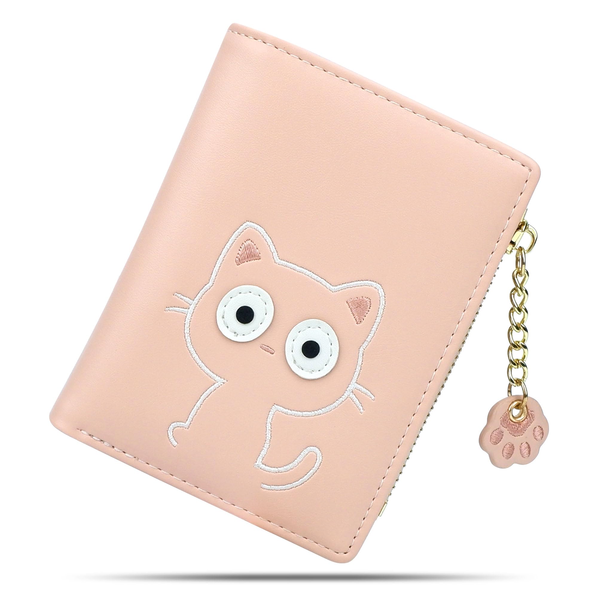 conisy Cute Purses for Women, Bifold RFID Protection Leather Small Wallet with Zipper Coin Purse for Ladies and Girls (cat Pink)