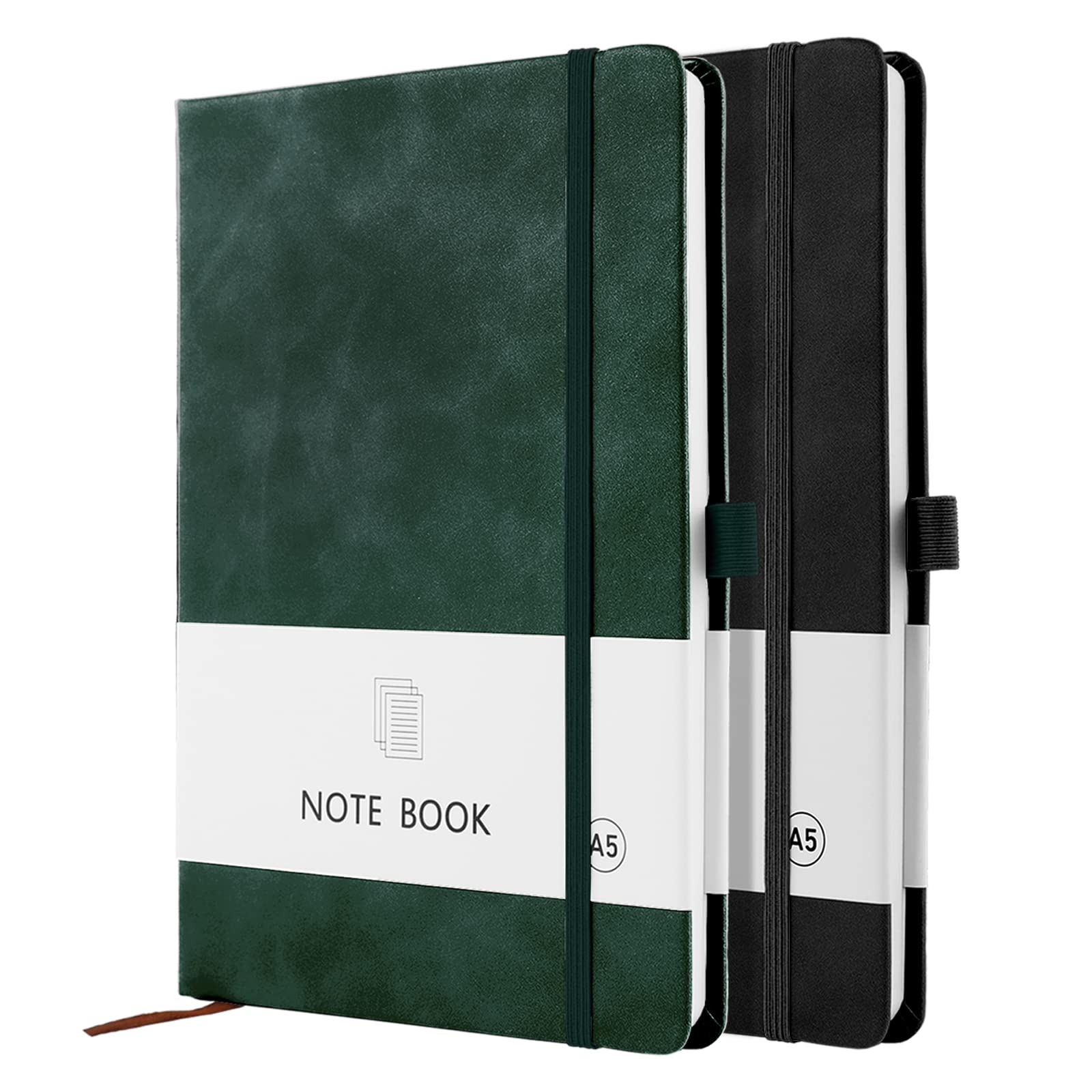 A5 Notebook, 2 Pack Notebook A5 200 Pages 100 GSM Journal Notebook Hardback Notepad with Bookmark, Pen Loop, and Elastic Closure (Black+Green)