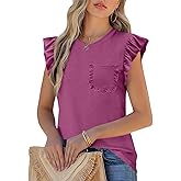JUSTFASHIONNOW Womens Summer Tops Striped T-Shirts 2026 Ruffle Short Sleeve Crew Neck Casual Blouses with Pocket