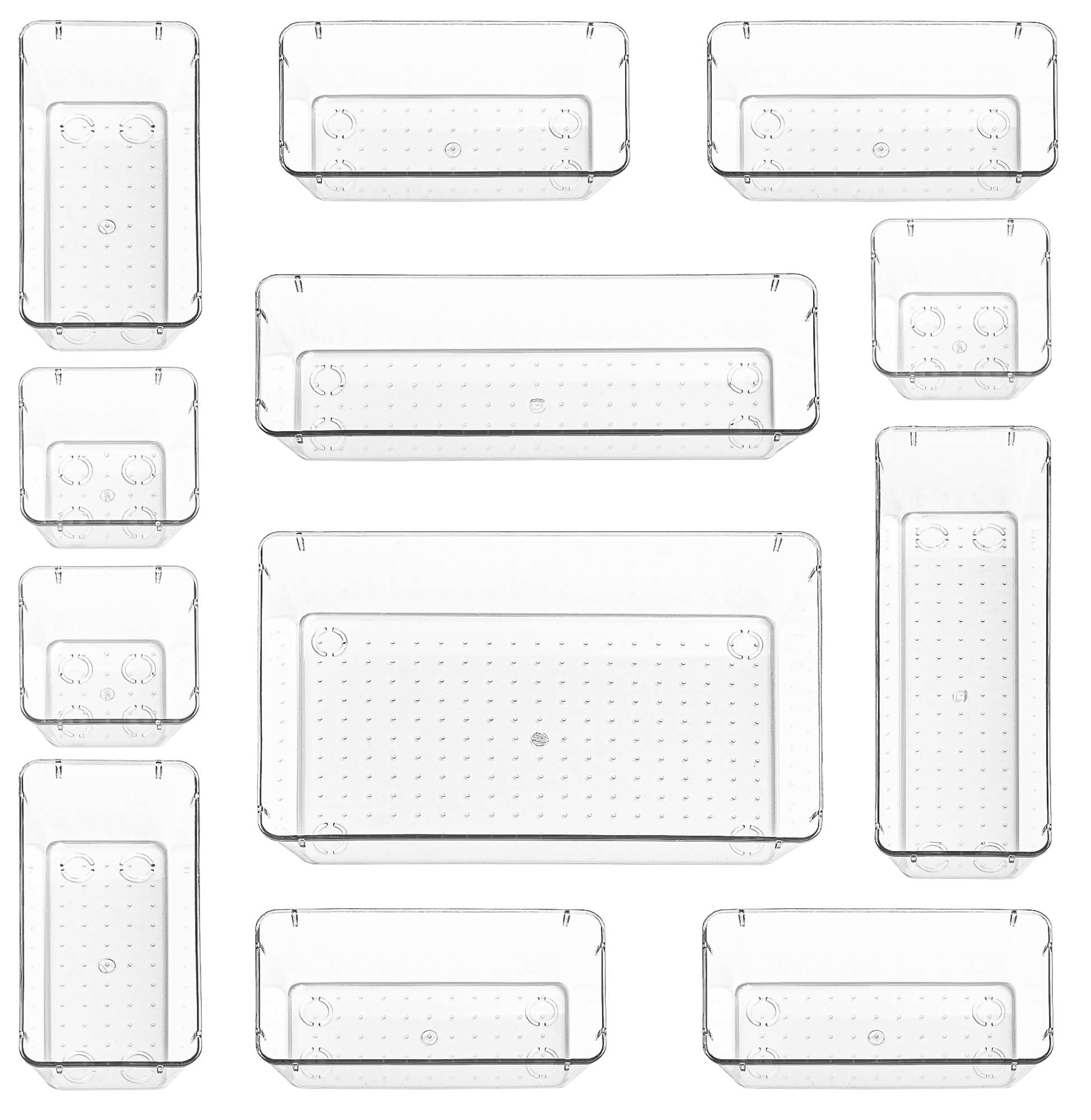 Stackzy Drawer Organiser Set – Makeup Organiser Tray for Drawers – Clear Cosmetics Container Tray for Bedroom – Utensil Cutlery Set Divider – Kitchen Storage & Organisation – 12pack