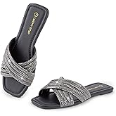LUCKY STEP Women's Rhinestone Flat Sandals Open Toe Summer Glitter Bling Sparkle Dressy Slip on Outdoor Crossed Strap Slide