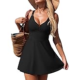 Aleumdr One Piece Swimsuits for Women Slimming Tummy Control Swim Dress V Neck Keyhole Skirted Bathing Suits