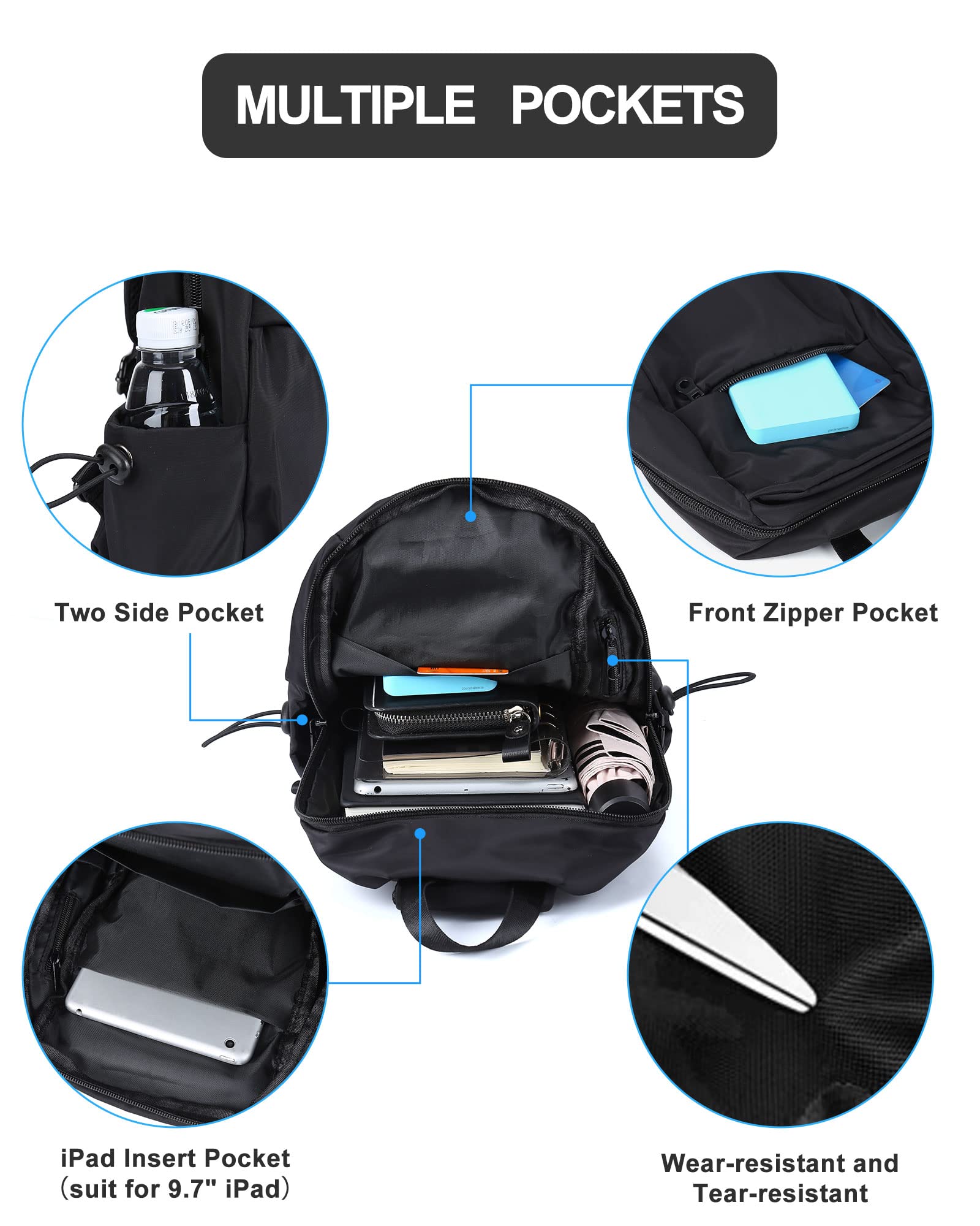 Small Black Sling Crossbody Backpack Shoulder Bag for Men Women, Lightweight One Strap Back Pack Sling Bag Backpack for Hiking Walking Biking Travel Cycling USB Charger Port-Nylon