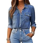 Denim Shirt Women Button Down Long Sleeve Chambray Western Jean Shirts Collared Casual Denim Tops