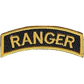 Army Ranger Tab Black and Gold Collectible Novelty Embroidered Patch | 2.5 x 1 inch arched embroidered tab, cut edge, iron-on backing, can be sewn on. Gold RANGER on black