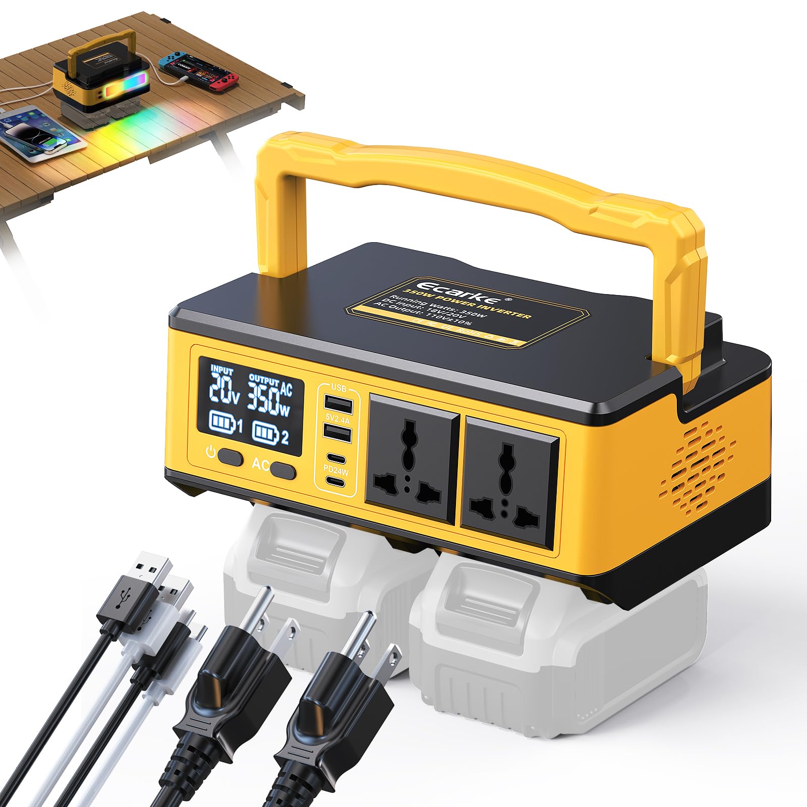 Photo 1 of 350W Power Inverter Compatible with DeWalt 20V Batteries: Ecarke Portable Power Outlet 2 AC Outlets 2 USB Phone Charger 2 Type-C, Generator DC 18V to AC 110V - Battery Adapter LED Light RGB Light