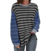 BLENCOT Women's Oversized Patchwork T Shirts Fall Long Sleeve Striped Color Block Loose Fit Pullover Tops