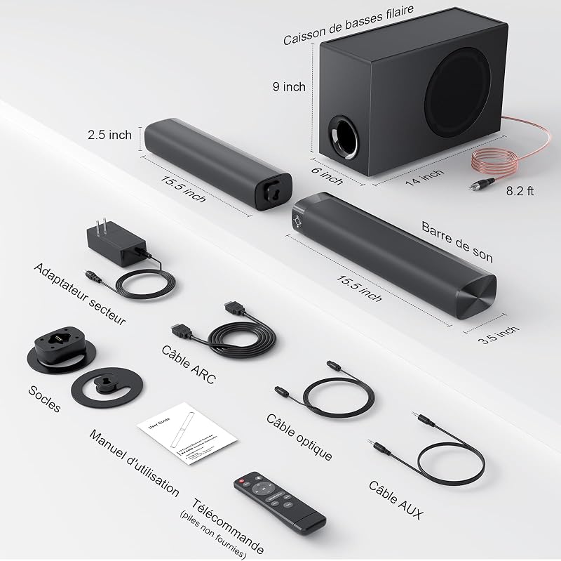 Barre de Son pour Téléviseur avec Caisson de Basses, 110W Home Cinema avec Deep Bass&Volume Boost&3 Modes d'égalisation, Bluetooth 5.3/Arc/Opt/AUX, Surround System pour TV/PC/Projecteur — photo 8 sur 8