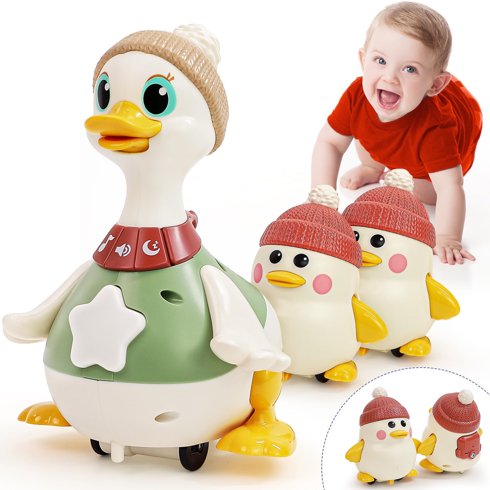 Photo 1 of HOLA Baby Toys 6-12 Months Musical Dancing Duck Toy Set with Mama and Babys Tummy Time Toys, Crawling and Interaction Modes 1 Year Old Girl Boy Baby Easter Gifts Stocking Stuffers