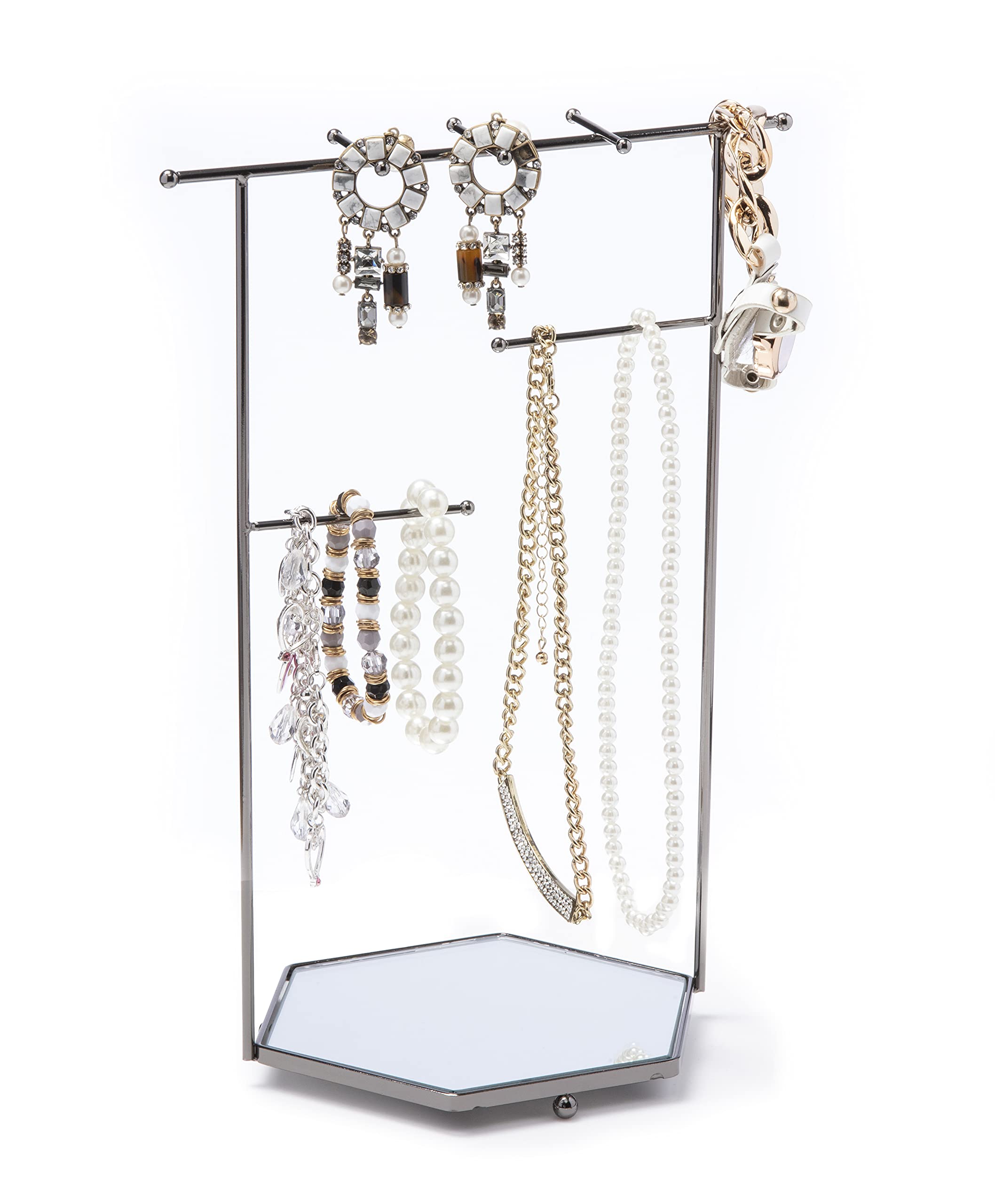 Mango Steam Tabletop Mirror Base Jewellery Tower/Display Stand for Bracelets, Necklaces, Hoop Earrings, Rings (Hexagon, Silver)