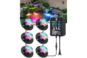 HIBOITEC LED Pond Lights, RGB Underwater Fountain Light with 12V Timer Transformer, Photocell Light Sensor, IP68 Waterproof Outdoor Underwater Lights for Outdoor Ponds Garden, 6 Pack