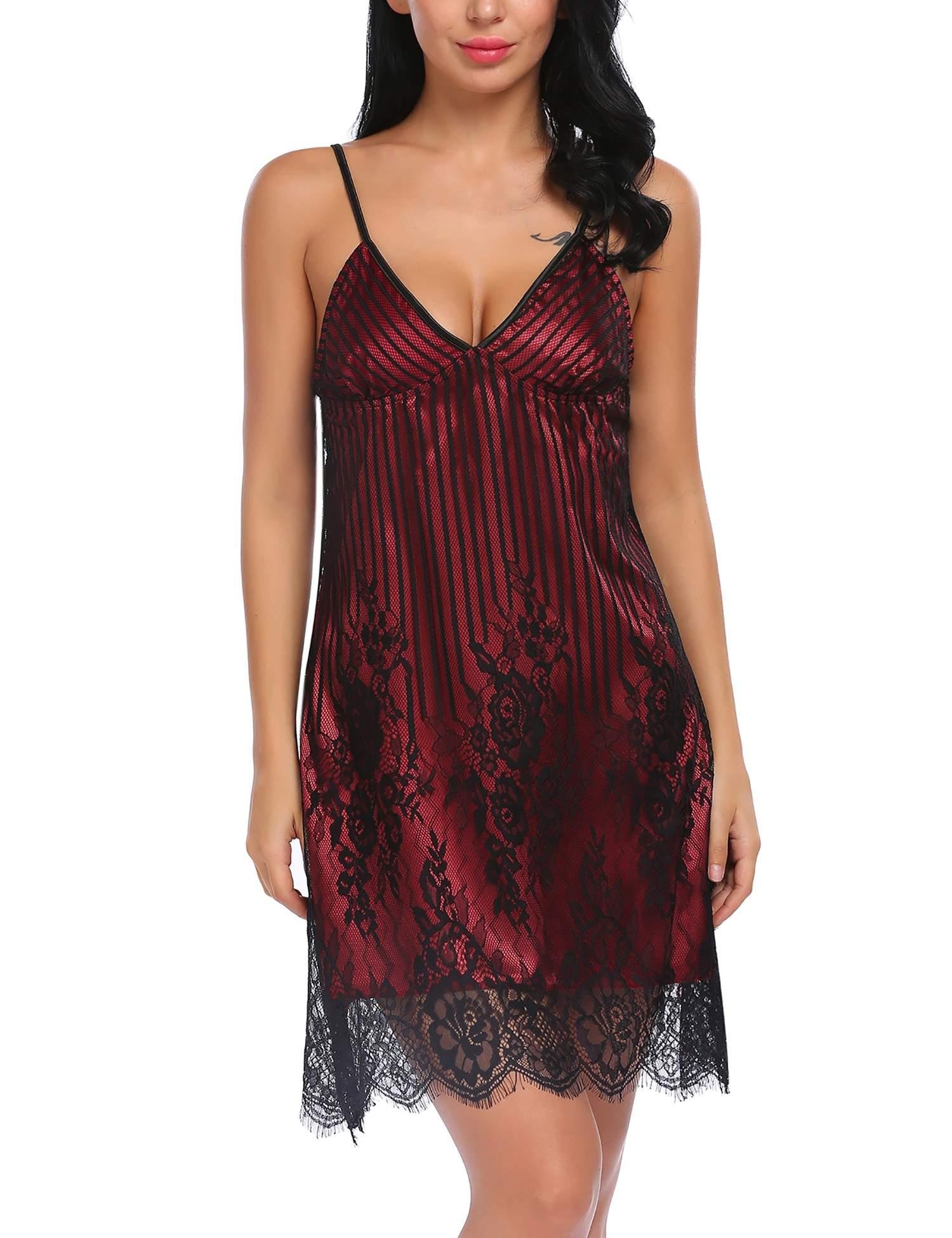 Avidlove Women\'s Sexy Lace Chemise Nightwear Night Dress(Wine Red,XXL)