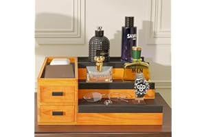 WWMFS Cologne Stand Organizer for Men, 3 Tier Wooden Cologne Display Shelf, Cologne Organizer with Velvet Lining and 2 Hidden Drawers for Watches, Jewelry, Great Gift for Man/Father, Vintage Style