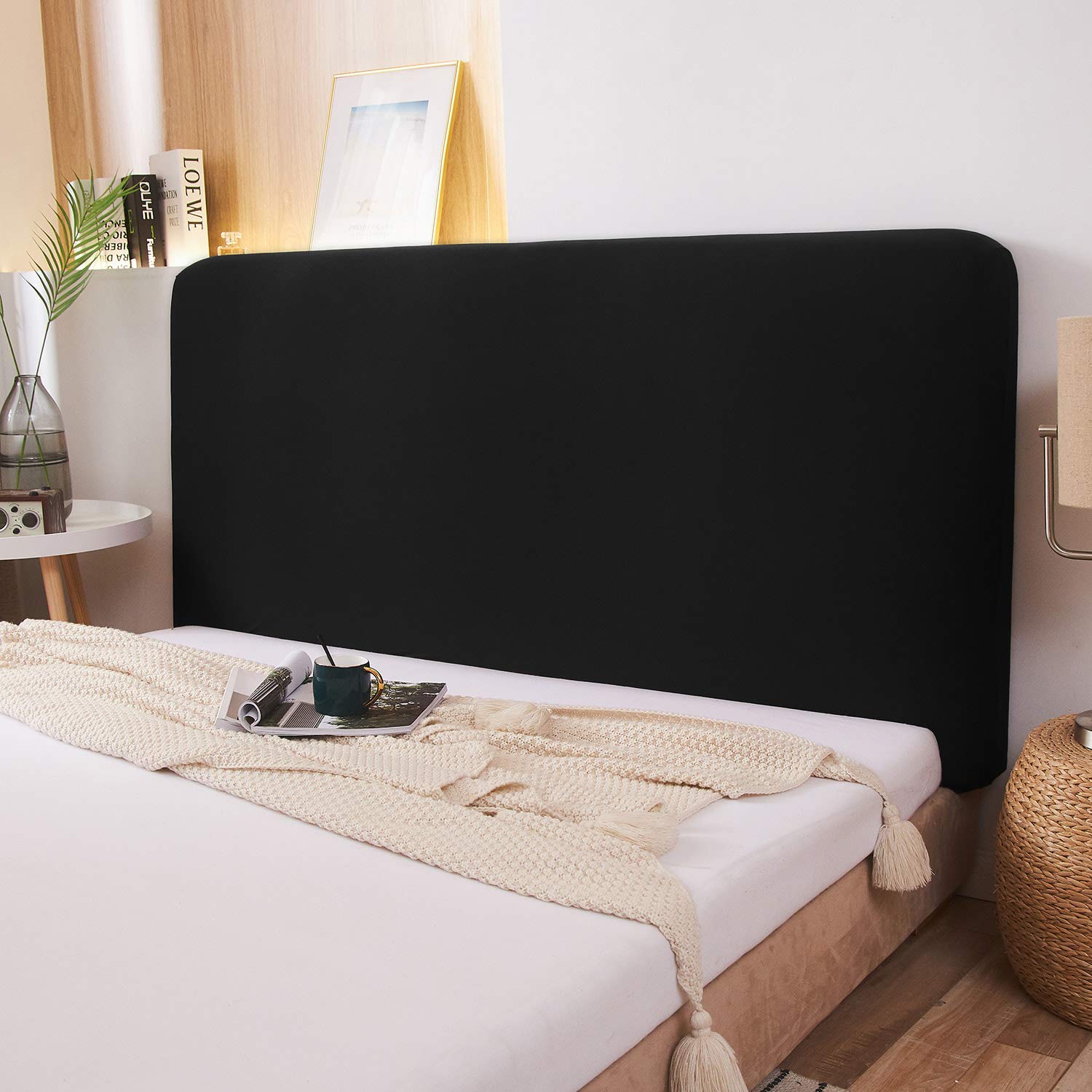 Photo 1 of WOMACO Stretch Bed Headboard Slipcover 180 GSM Thick Fabric Solid Color Dustproof Bed Head Protector Cover for Bedroom Décor (Black, 47-55")