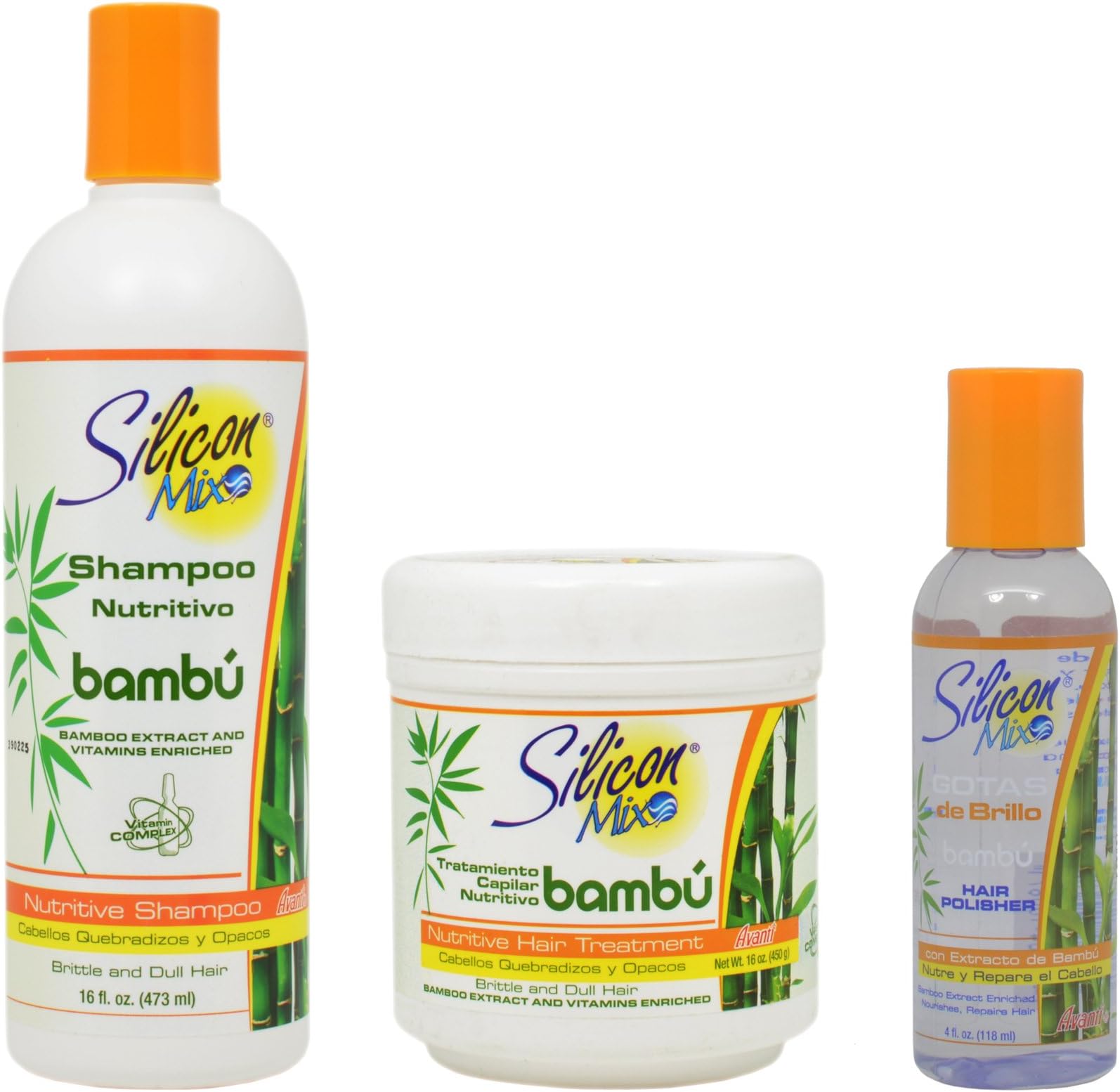Silicon MixBambu Shampoo 16oz & Treatment 8oz & Gotas brillo bambu hair polish 4oz set
