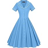 GownTown Women's 1950s Vintage Short Sleeves Notch Lapel Swing Dress