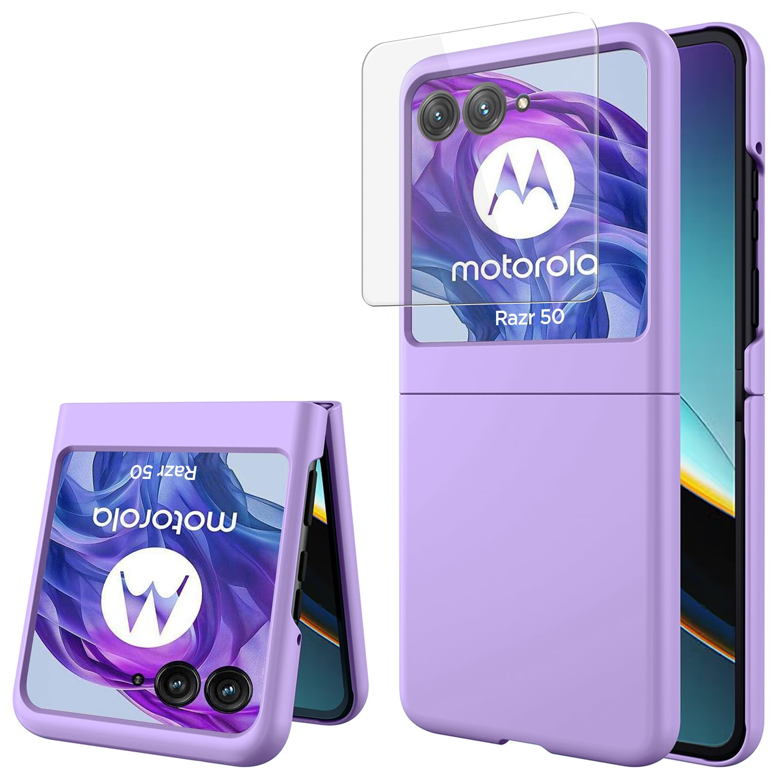 Miimall Compatible with Motorola Razr 50 Screen Protector case, [Built-in Tempered Glass Film] Hard PC Ultra Thin Shockproof Frosted Skin-Friendly Bumper Protective Cover for Moto Razr 50, Purple