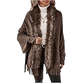 MakeMeChic Women's Leopard Faux Fur Collar Shawl Poncho Fringe Hem Long Sleeve Open Front Cardigans Sweater Coat