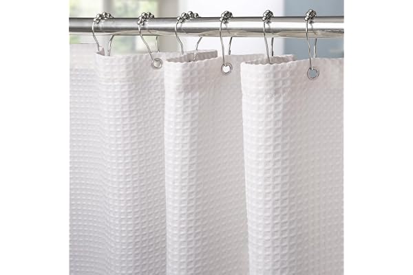 Waffle Weave Shower Curtain with Stainless Steel Hooks - 256 GSM Heavy Duty Fabric Bath Curtains, Hotel Luxury Quality, Water