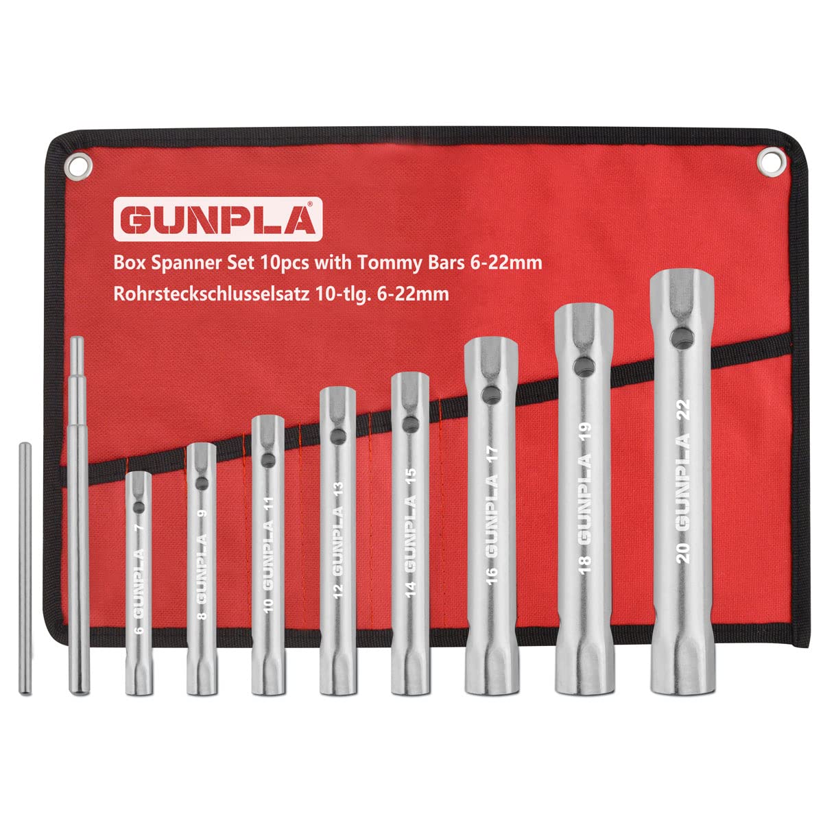 Gunpla 10 Pieces Box Spanners Set with 2 Tommy Bars, Multi Size Tap Monoblock Professional Tubular Spanner Kit Metric 6x7mm – 20x22mm Heavy Duty Double Ended Box Wrenches Plumber Tools for Water Taps