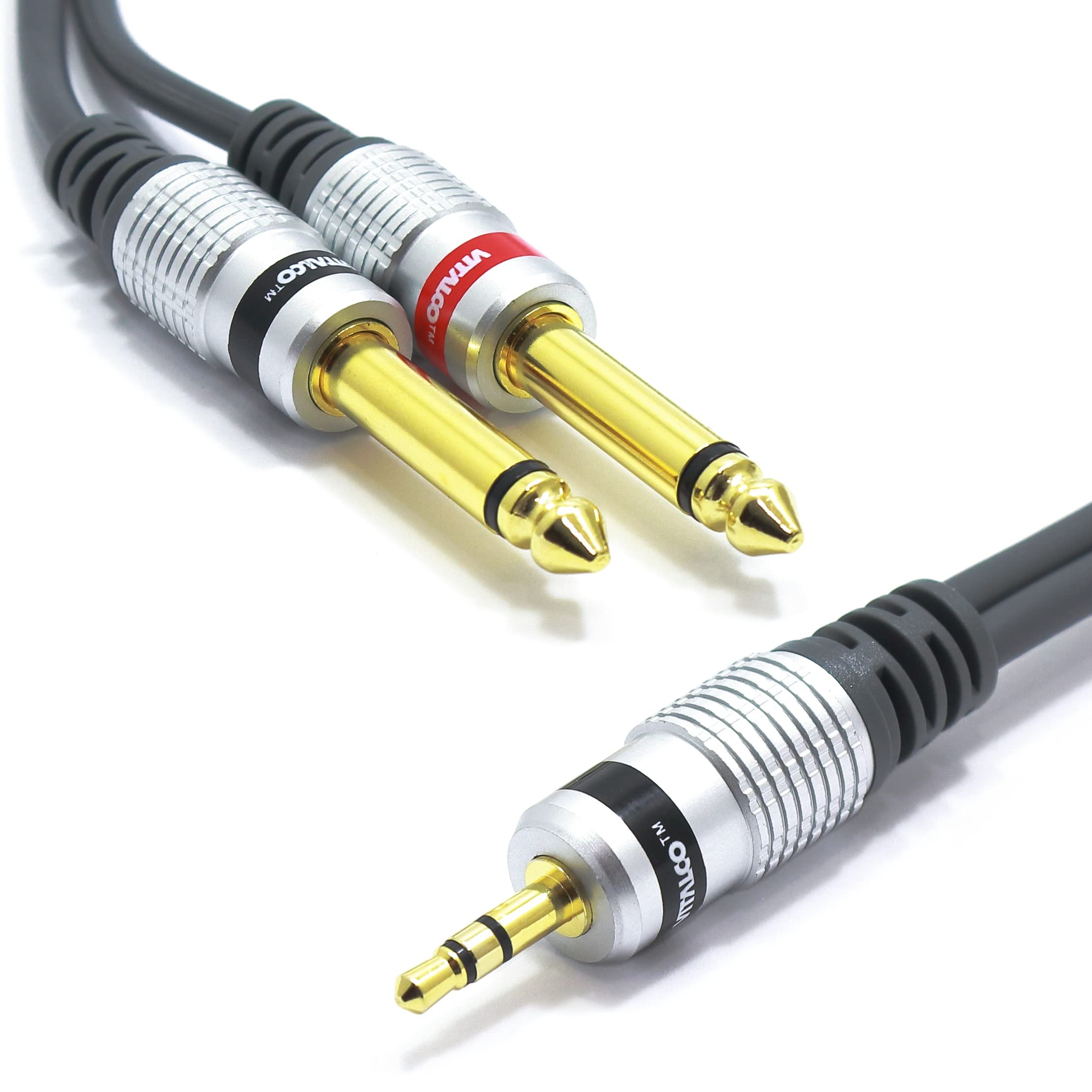 VITALCO 3.5mm to 6.35mm x2 Cable Splitter 3m Mini Jack 3.5 1/8 Inch Stereo to Twin 6.3 1/4 Inch Mono Male to Male Plug 1/4 to 1/8 Gold OFC