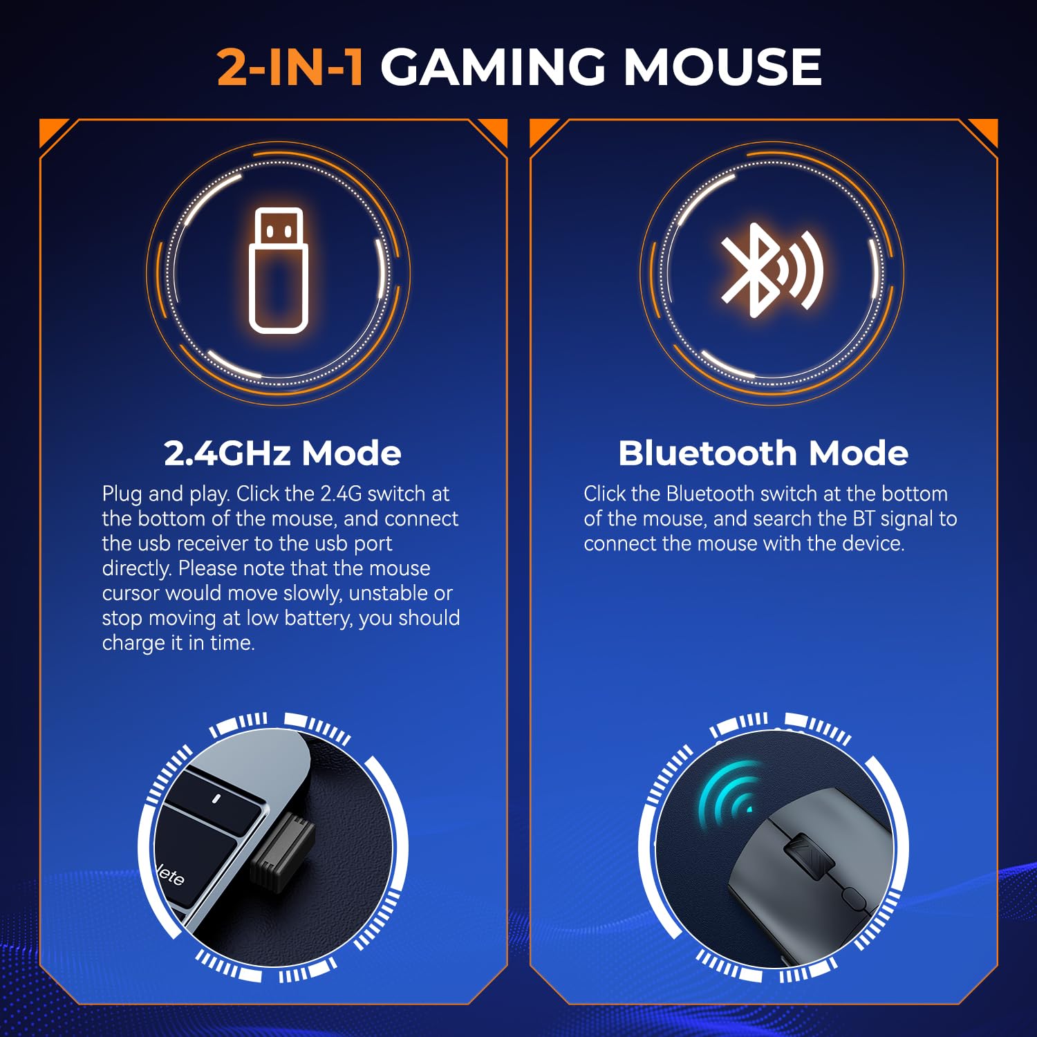 Wireless Gaming Mouse, 2.4GHz & Bluetooth 5.3 Dual Mode, 60Hrs Battery, Ergonomic Lightweight Design, 6 Adjustable DPI (800-6400), 7 RGB Lights, Rechargeable Mice Compatible with PC/Mac/Laptop