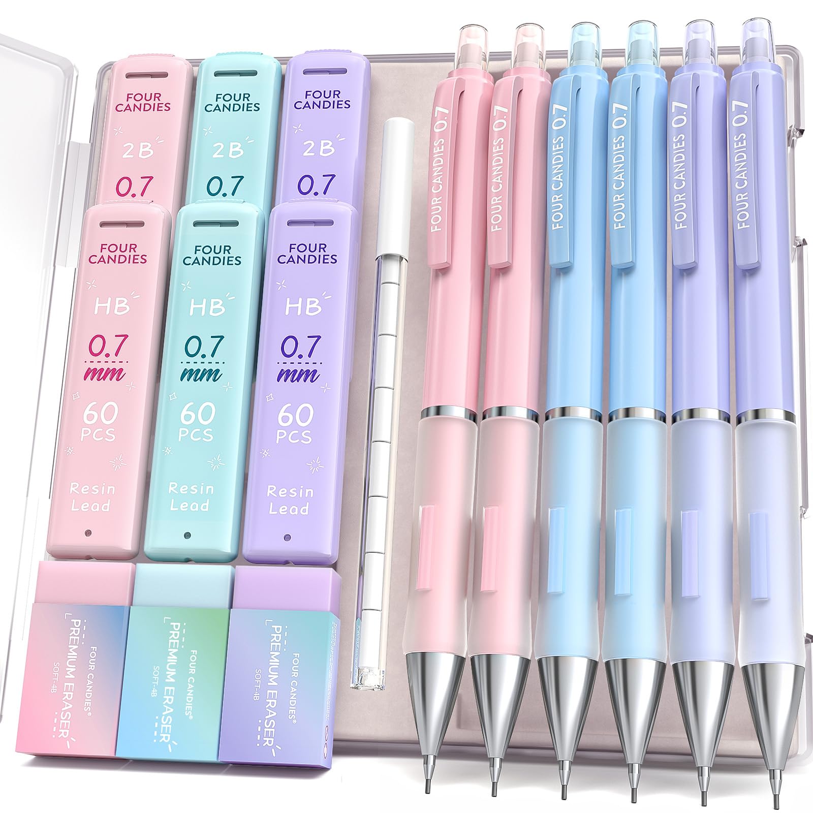Four Candies 0.7mm Mechanical Pencil Set - 6PCS Cute Pencils with 360PCS HB & 2B Lead Refills, 3PCS Pastel Erasers and 9PCS Eraser Refills, Aesthetic School Supplies for Student Writing Drawing