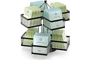 VOGWOLTH Tea Bag Organizer, Tea Bag Storage Holder Spinning Carousel 96 Teabags Container, Lazy Susan Coffee Creamer Sweetener Tea Caddy for Kitchen Counter Cabinet Pantry Shelf Organizer