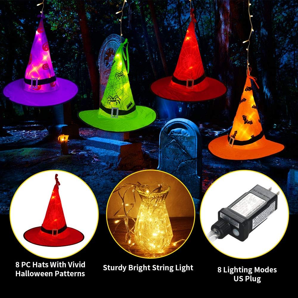 MZD8391 Halloween Decorations Lighted Witch Hats, 8Pcs Hanging Glowing Witch Hats 44ft Halloween Outdoor Lights String with 8 Lighting Modes for Outdoor, Garden, Yard, Tree: Home Improvement