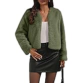 AMZANGEL Women's Faux Fur Cropped Jacket Crew Neck Long Sleeve Oversized Shrugs for Dresses Fluffy Coats Pocket Winter