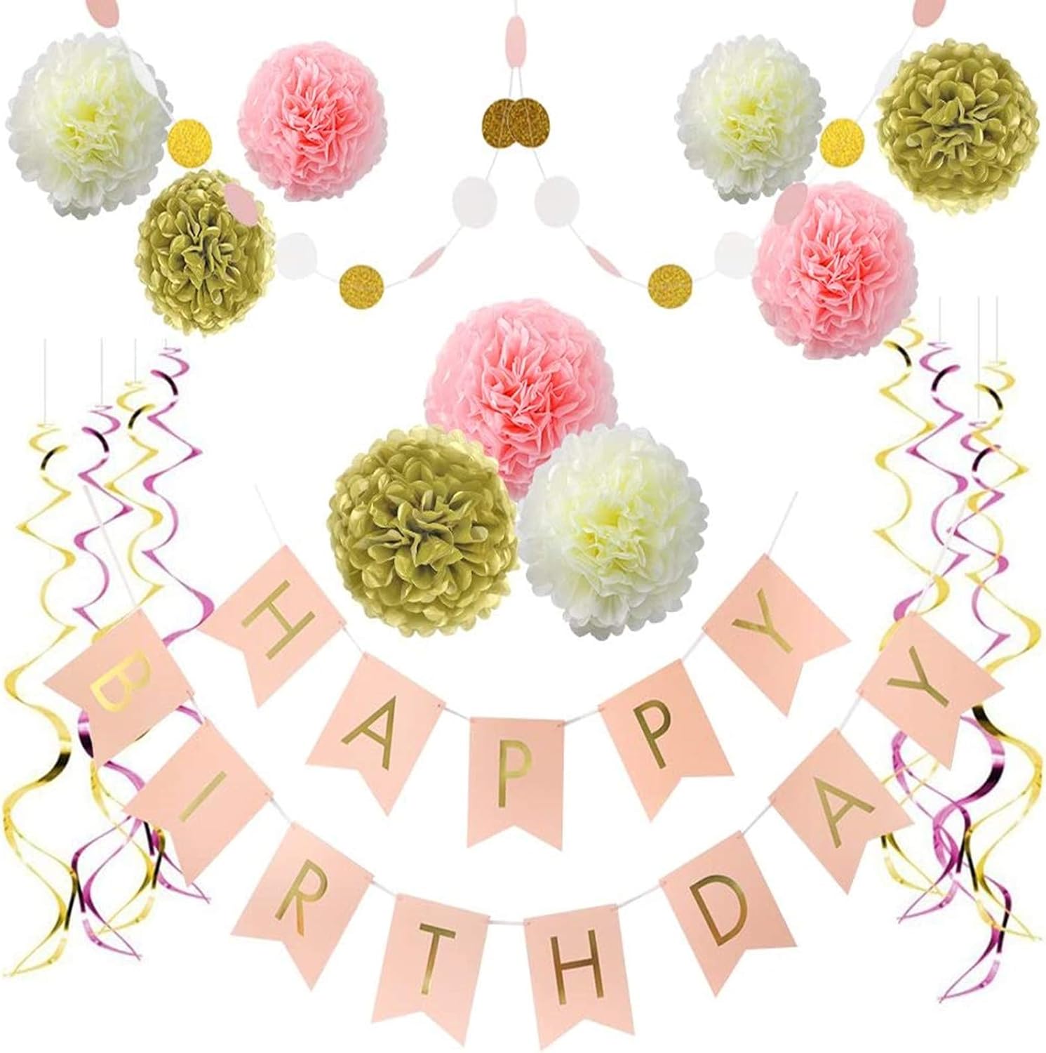 Litaus Birthday Decorations, Pink and Gold Happy Birthday Decorations for Women, Happy Birthday Banner, Hanging Swirls, Paper Garlands for 1 Birthday Decorations, Birthday Party, Girls Birthday: Toys & Games