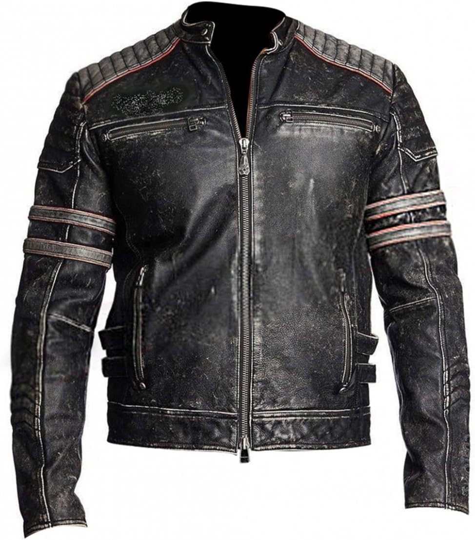 Spazeup Cafe Racer Jacket Vintage Motorcycle Retro Moto Distressed Leather Jacket