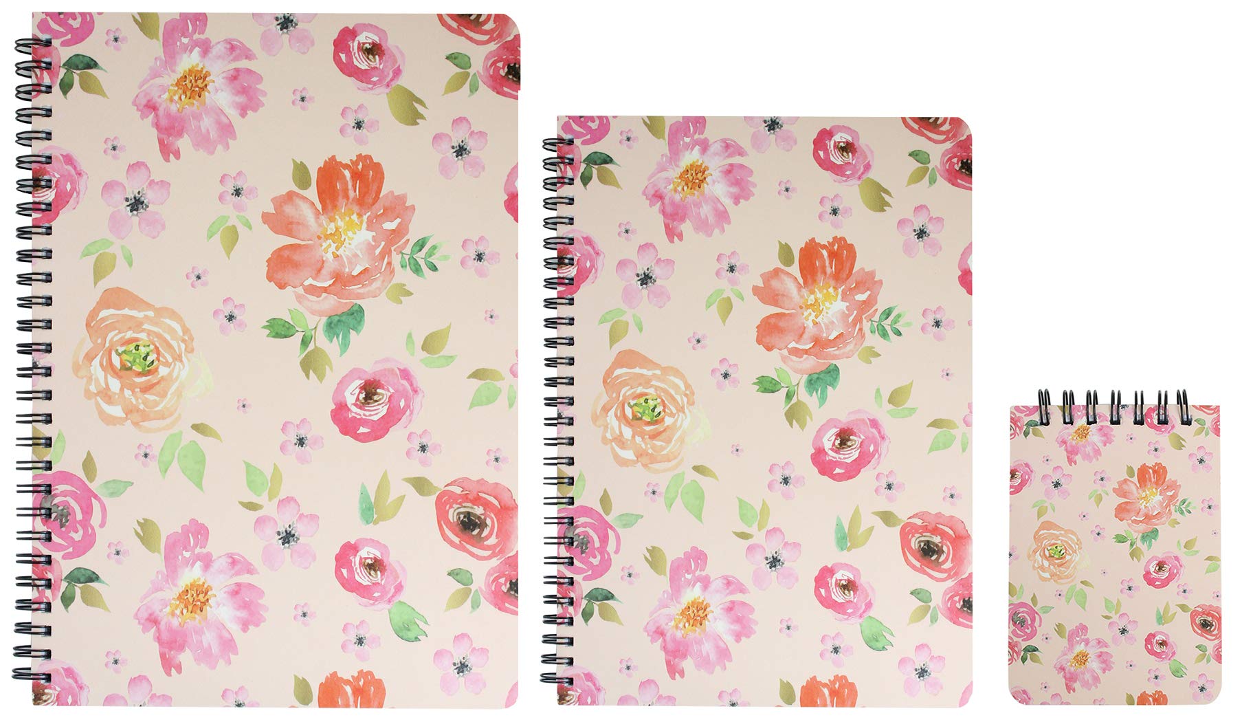 Emartbuy Floral Hard Cover Spiral Exercise Book Diary Notebook Notepad Writing Journal Ruled B5, A5, A7 Size 80 Sheets (160 Pages) - Pink, Set of 3