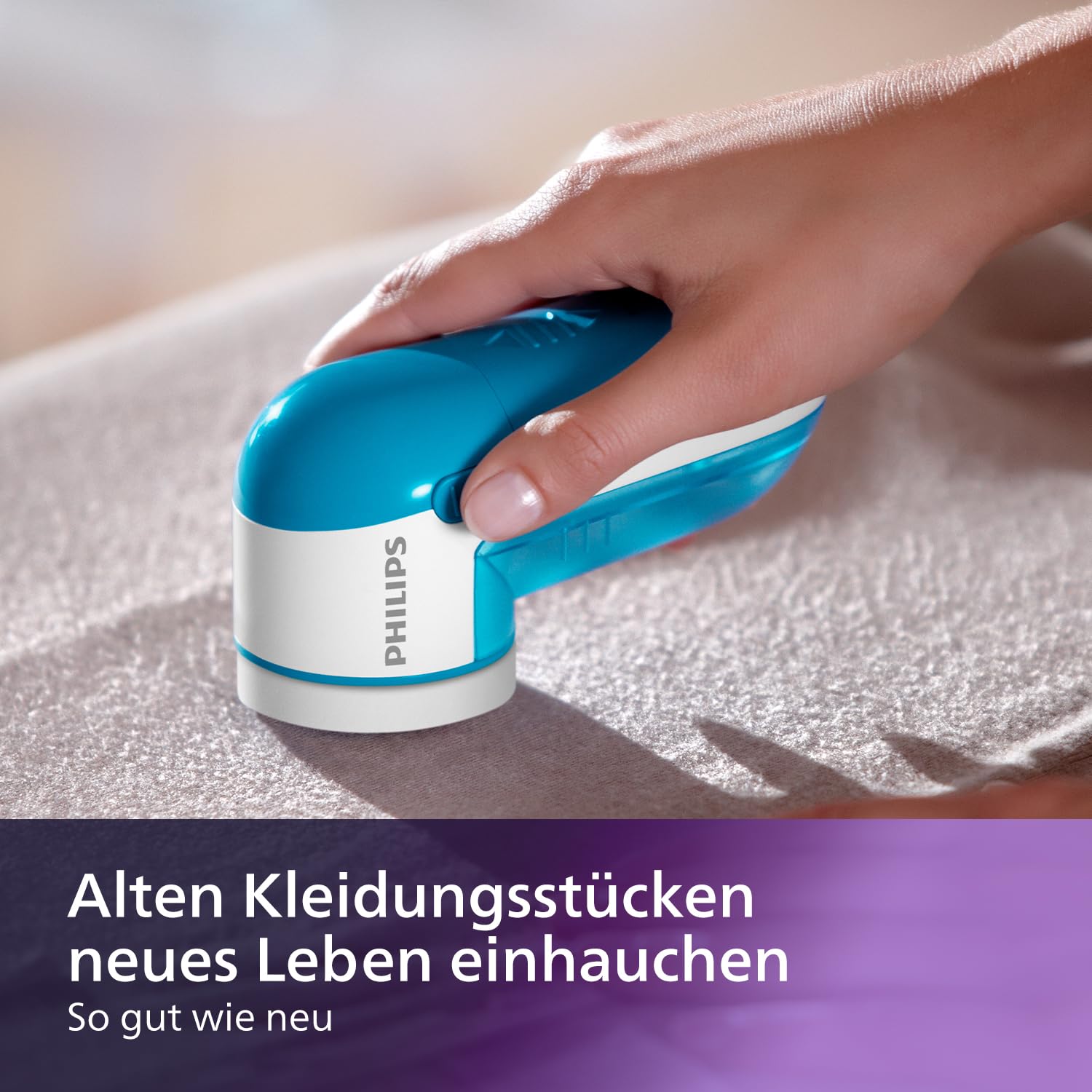 Philips Fusselrasierer – Fusselentferner für Kleidungsstücke, geeignet für alle Textilien, 2 Höheneinstellungen, batteriebetrieben (2X AA-Batterien inkl.), blau (GC026/00) 7