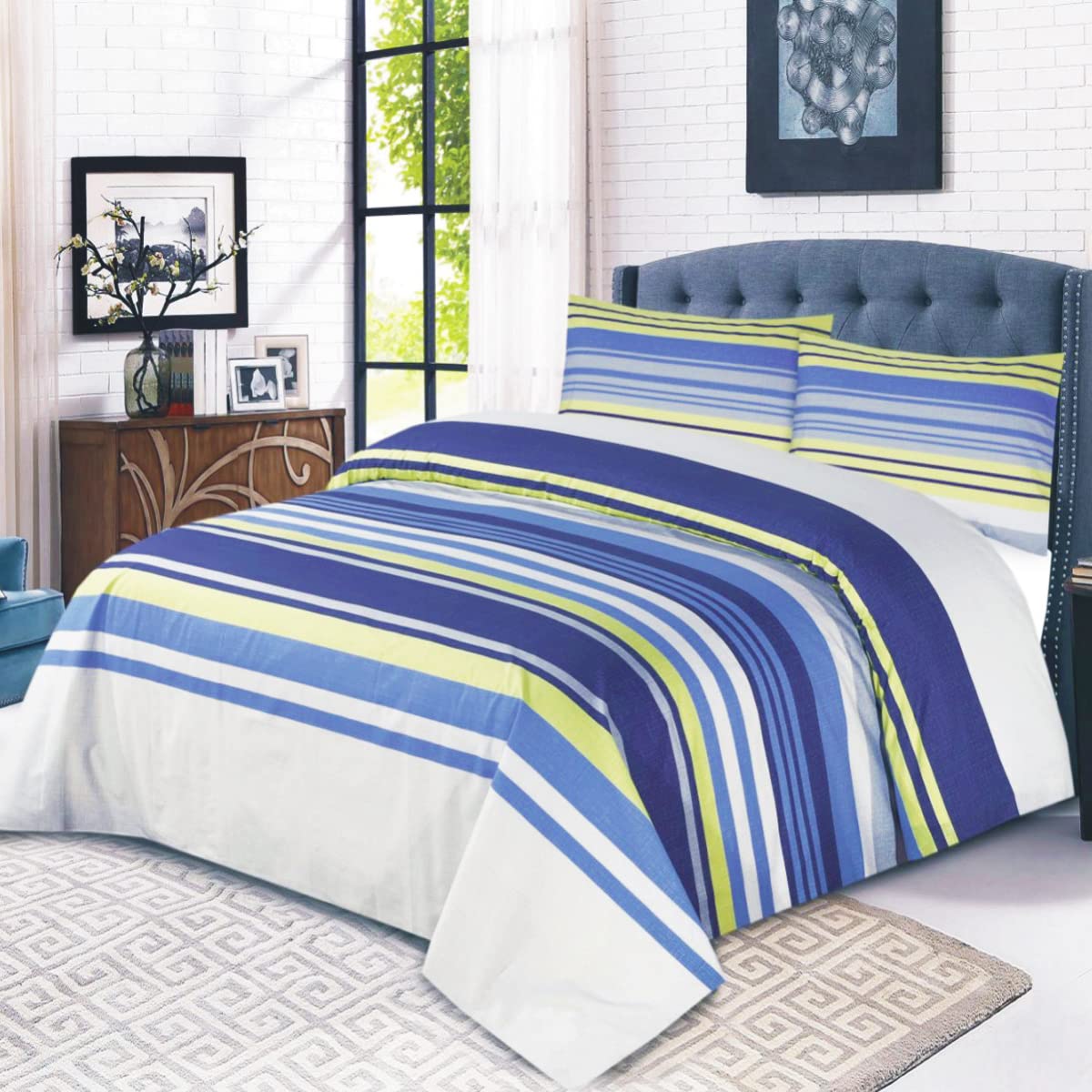 NIYS Luxury Bedding Single Bed Duvet Cover Set - Soft Breathable Polycotton Duvet Cover with matching pillow case - Bedding Quilt Cover Set (Blue/Grey lines)