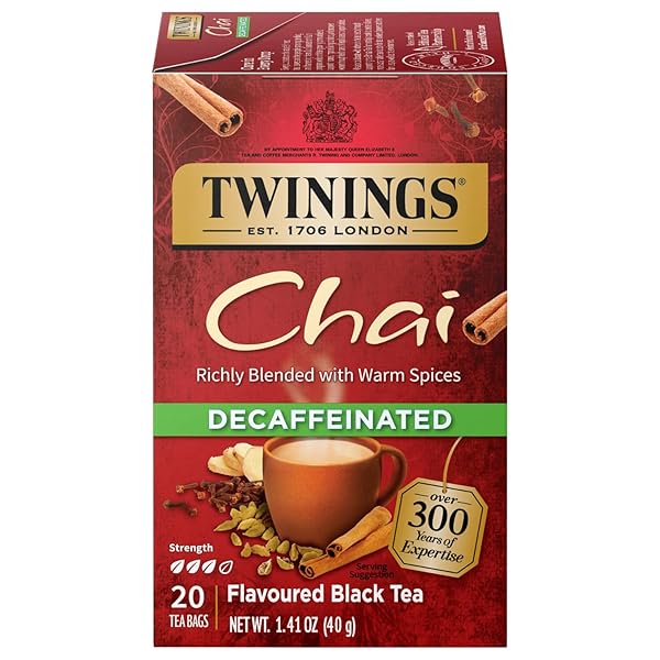 TWININGS DECAFFEINATED CHAI TEA, BLACK TEA BLEND WITH CINNAMON, GINGER, CARDAMON, CLOVES FOR A SWEET AND SPICY FLAVOR, 20 COUNT